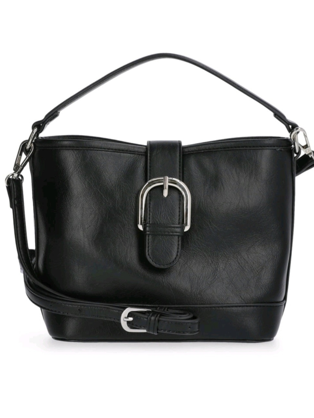 Classic Black Faux Leather Buckle Shoulder Bag - Women